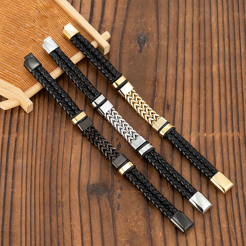 Punk Bangle Fashion Simple Stainless Steel Charms Magnetic Clasp Leather Bracelet for Men