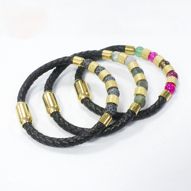 Women′s Vintage Stainless Steel Lock 18K Gold Plated High End Woven Leather Bracelet Colorful Beaded Bracelet