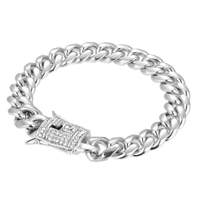 10/14mm Stainless Steel Cuban Chain Hip Hop Bracelet Diamond Spring Buckle Gold Steel Color Bracelet