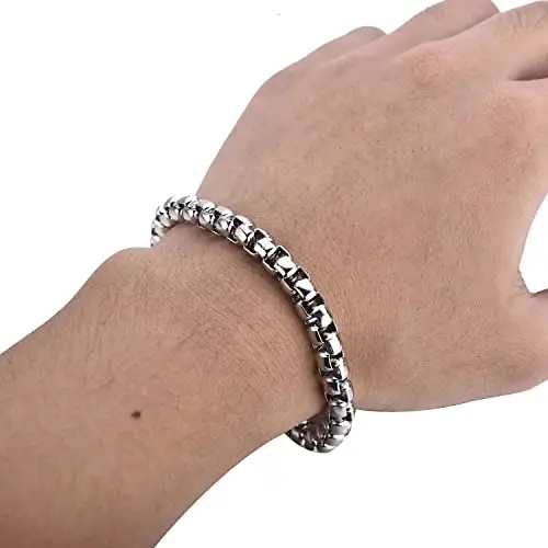 Jewelry Square Pearl Rolo Link Chain Silver Bracelets 316L Stainless Steel Round Box Men′s Bracelet