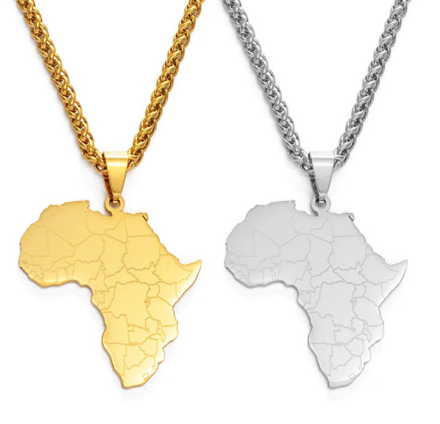 European American New Hip-Hop Stainless Steel Pendant Necklace Gold Plated African Map Necklace for Women