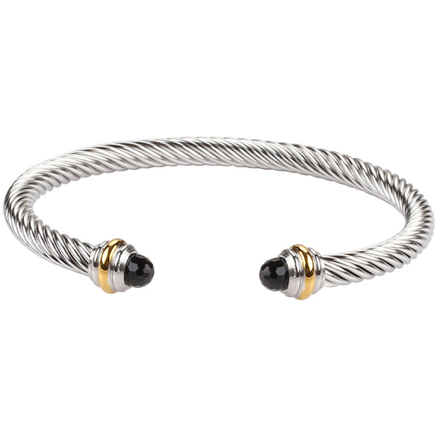 Landy Retro Crystal Turquoise Stainless Steel Twisted Wire Bracelets Women Jewelry Open Bangles