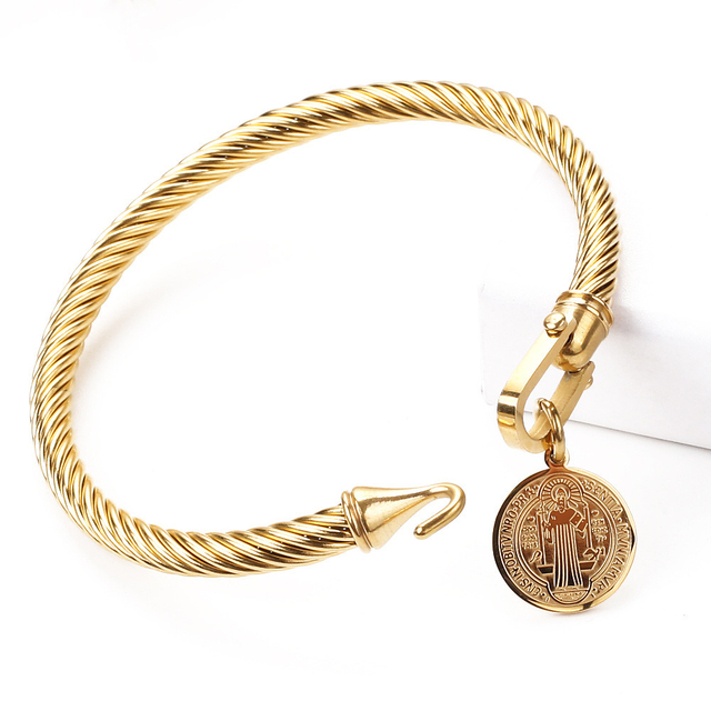 Trendy Queen Coin Stainless Steel 5mm Wire Bangles Bracelets Hook Closure Bangle Jewelry for Men Women