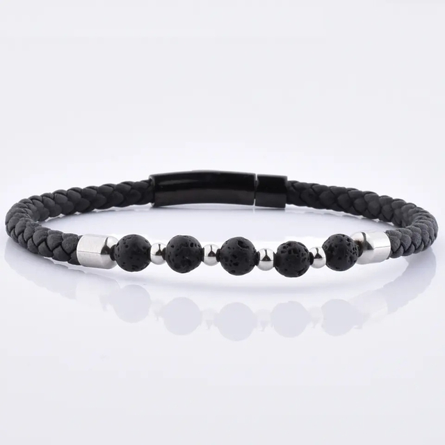 Men 6mm Lava Natural Gemstone Bead Stainless Steel Clasp Black Leather Bracelet