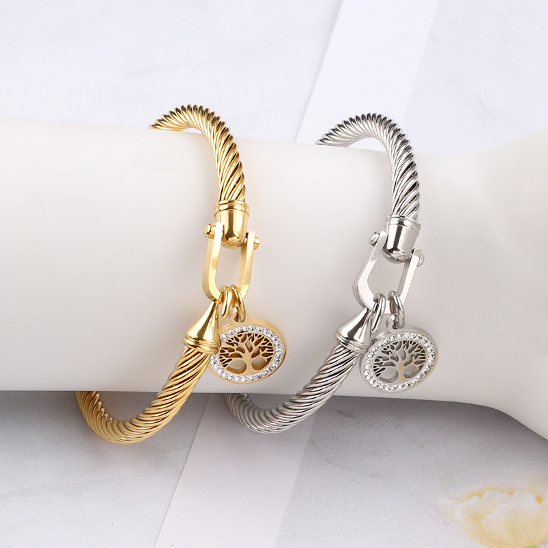 Custom Logo Cable Twisted Stainless Steel Bracelet with Diamond-Encrusted Tree of Life Pendant for Man and Women