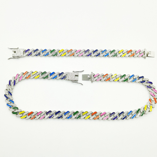 Hip Hop 12mm Miami Cuban Bracelet Gold Plated Rainbow Colors Cuban Link Chain Necklace