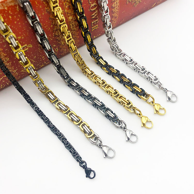 Punk Gold Plated Stainless Steel Byzantine Chain Necklace Handmade Titanium Steel Byzantine Necklace for Party