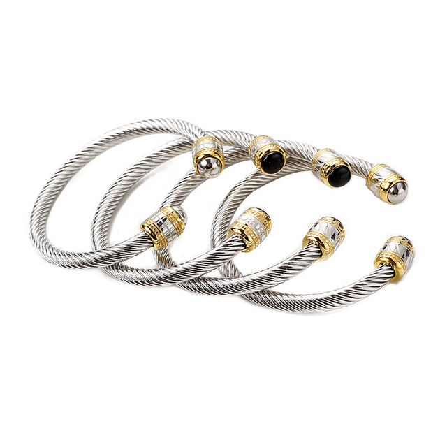 Fashion Vintage Steel Color Black Agate Decoration Stainless Steel Cuff Bracelet