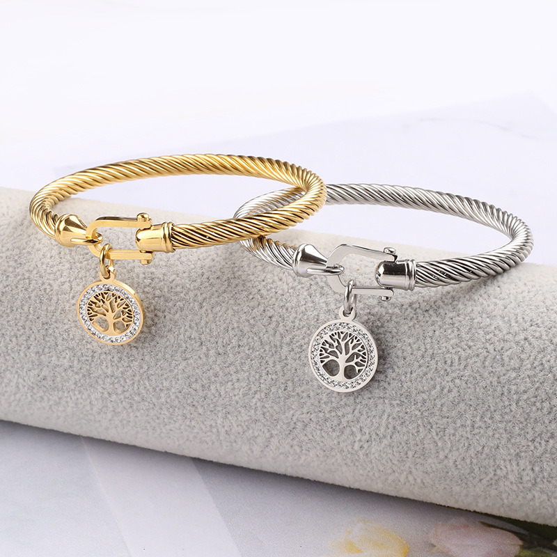 Custom Logo Cable Twisted Stainless Steel Bracelet with Diamond-Encrusted Tree of Life Pendant for Man and Women