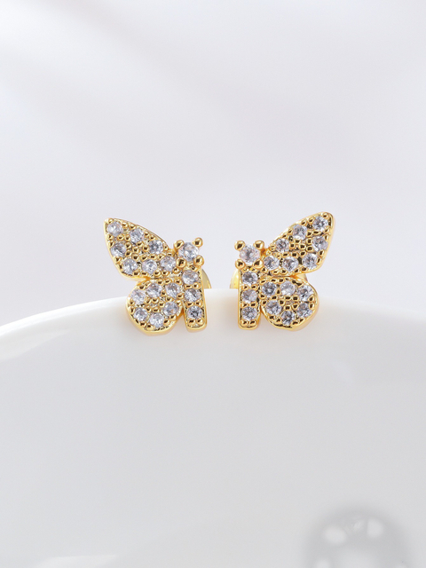 18K Gold Full Zircon Love Heart Shape Design Copper Stud Earrings for Women