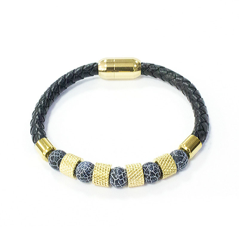 Women′s Vintage Stainless Steel Lock 18K Gold Plated High End Woven Leather Bracelet Colorful Beaded Bracelet