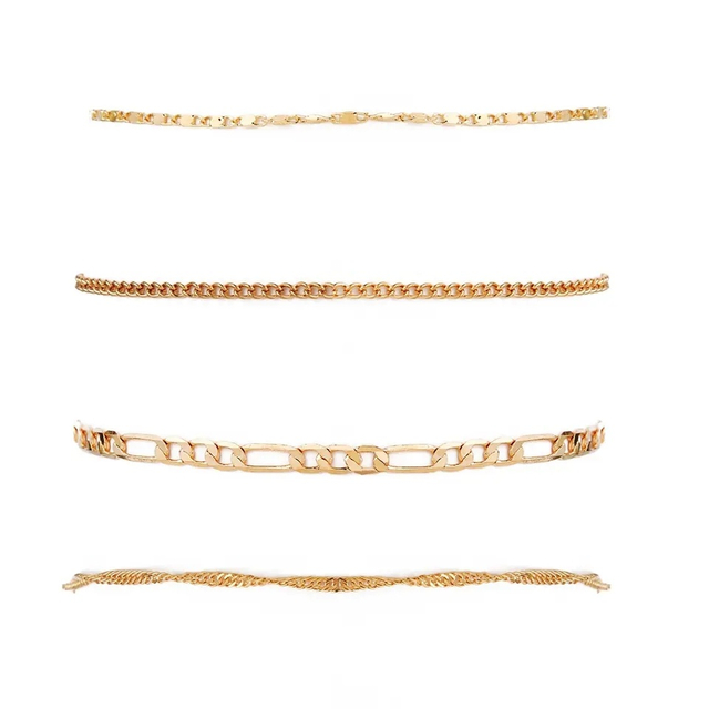 New Arrival 4PCS Multilayer Alloy Anklet for Women Summer Beach Creative Retro Simple Chain Foot Ornament Gold Color Jewelry