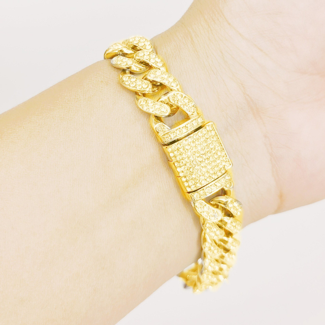 Hip Hop 18K Gold Hipste Diamond-Encrusted Cuban Link Chain Bracelet