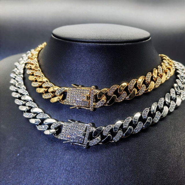 Popular European and American Men′s 12mm Hip Hop Cuban Necklace Plated 18K Gold Diamond Necklace