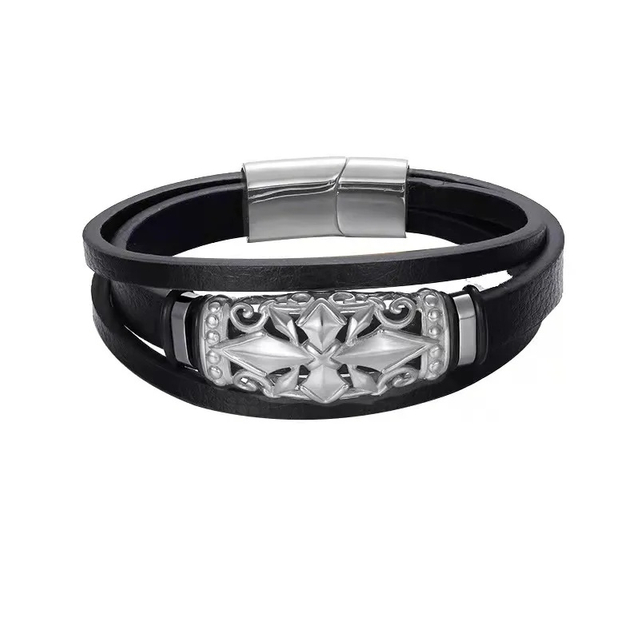 European and American 316L Stainless Steel Cross Pattern Hollow Square Leather Magnetic Charm Bracelet for Men
