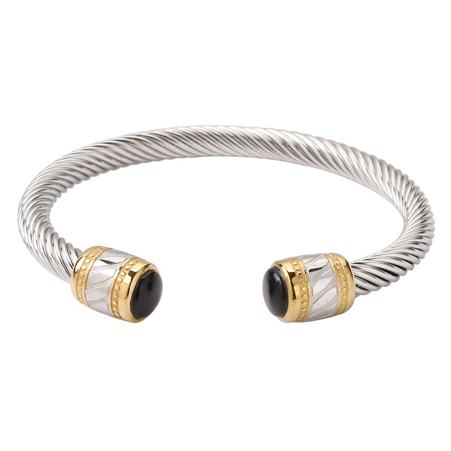 Fashion Vintage Steel Color Black Agate Decoration Stainless Steel Cuff Bracelet