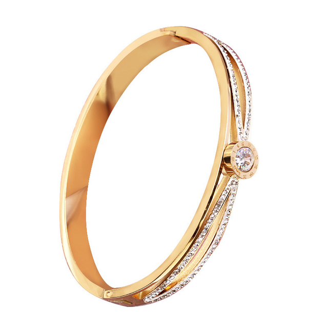 Stainlesssteel Cross Diamond Round Roman Numeral Girls Wholesale Gold Bangle Bracelet