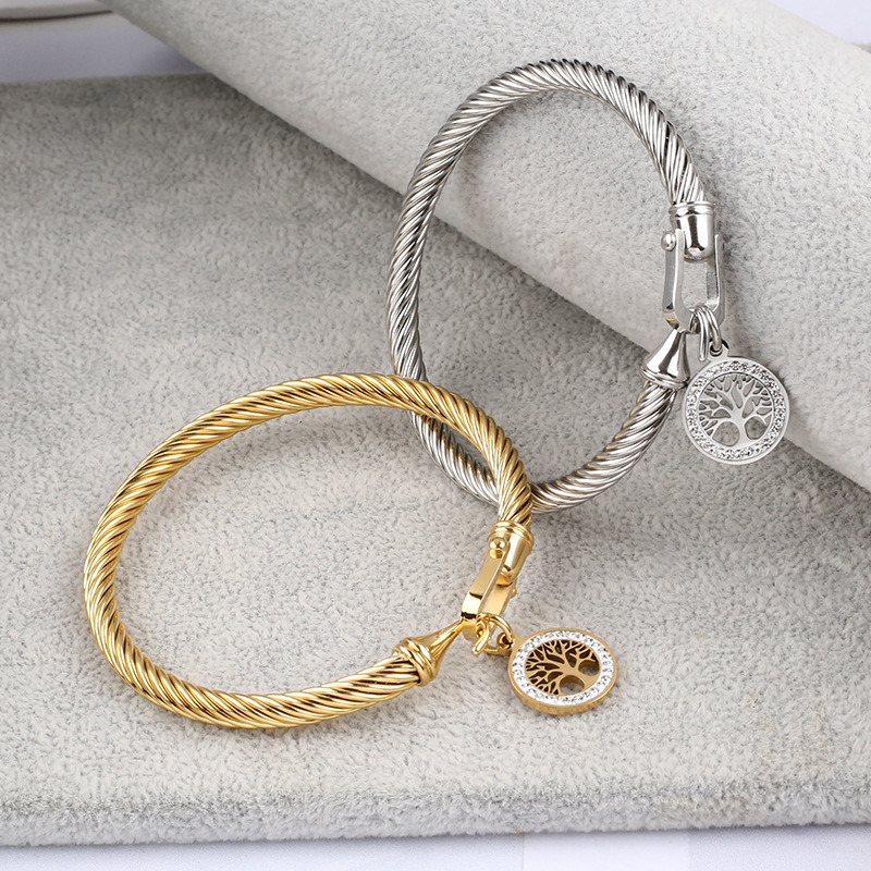 Custom Logo Cable Twisted Stainless Steel Bracelet with Diamond-Encrusted Tree of Life Pendant for Man and Women