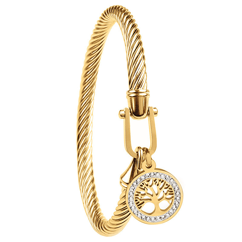 Custom Logo Cable Twisted Stainless Steel Bracelet with Diamond-Encrusted Tree of Life Pendant for Man and Women