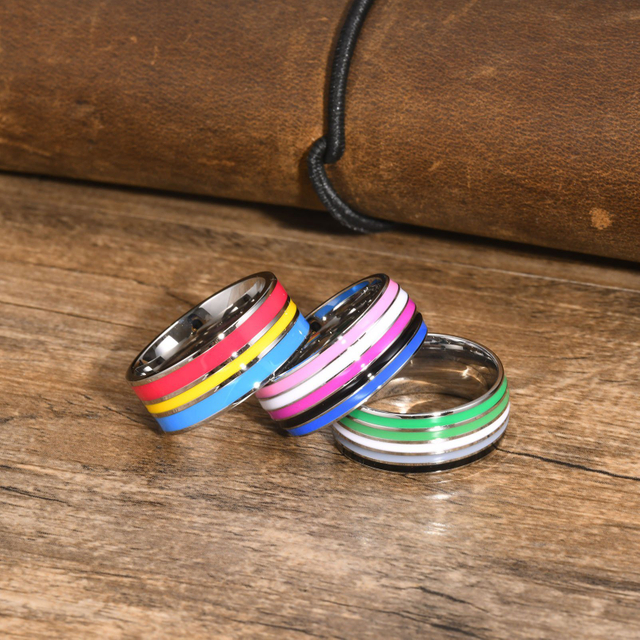 Fashion Stainless Steel Wedding Engagement Band Gifts Couple Rainbow Lgbt Ring