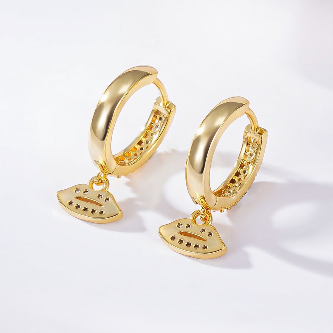 Lips Shape Fashion Design Drop Earrings 18K Gold Plated Colorful Zircon Fine Jewelry Earrings for Women