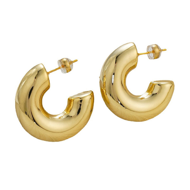 Fashion 18K Real Gold Plating Brass Thick Solid C Shape Hoop Huggies Stud Earrings for Women