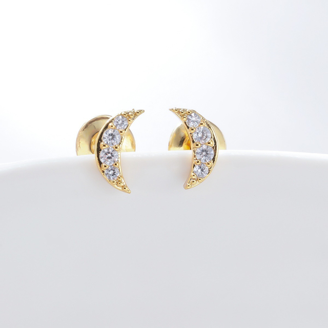 Dainty Copper Moon Earrings Women Fine Gold Crescent Stud Earrings Diamond Earrings