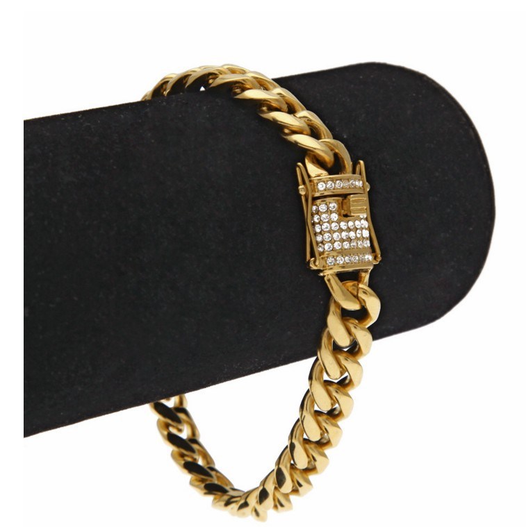 10/14mm Stainless Steel Cuban Chain Hip Hop Bracelet Diamond Spring Buckle Gold Steel Color Bracelet