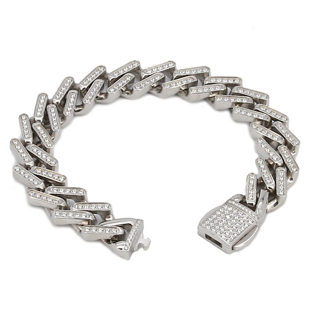 13mm PVD Plated Stainless Steel Zircon 18K Gold Cuban Link Bracelet CNC Hiphop Cuban Bracelet for Men