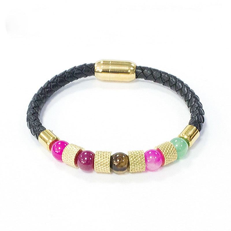 Women′s Vintage Stainless Steel Lock 18K Gold Plated High End Woven Leather Bracelet Colorful Beaded Bracelet