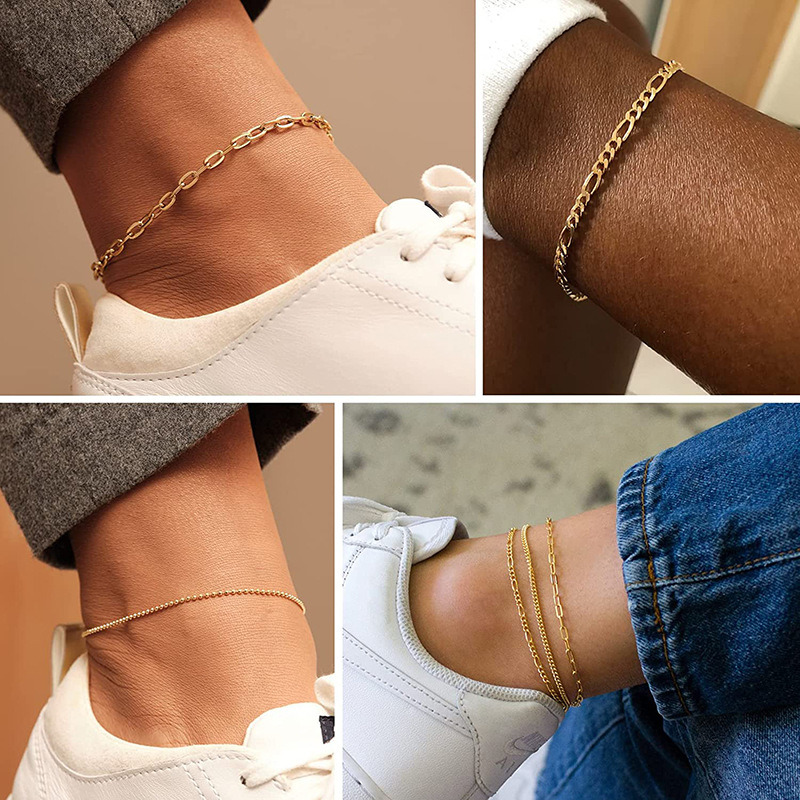 Wholesale 3PCS Cuba Link Anklet Adjustable Beach Foot Jewelry Gold Plated Anklet for Women