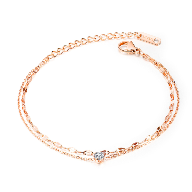 Wholesale Rose Gold Charm Anklet Stainless Steel Cubic Zirconia Pendant Anklets Double Layer Link Chain Foot Bracelet