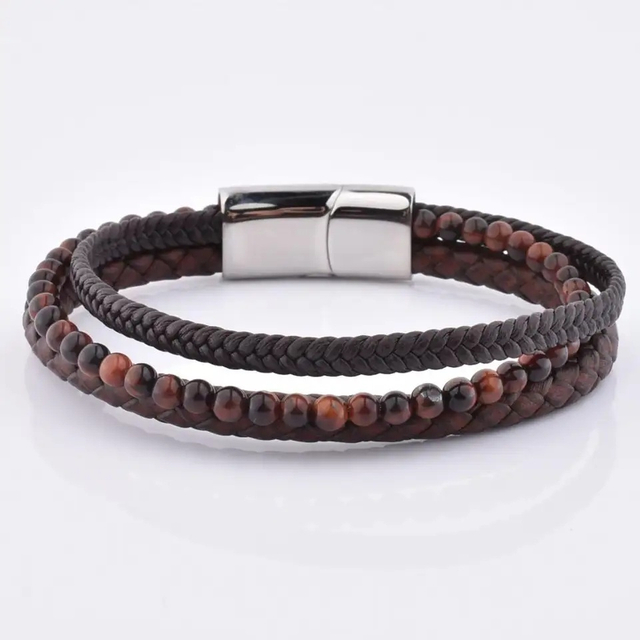 Natural Stone Handmade Stainless Steel Magnet Clasp Multilayer Leather Bracelet
