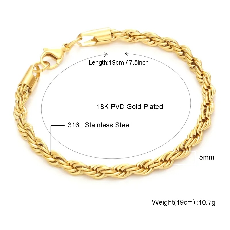 Wholesale 5mm 18K Gold Jewelry Stainless Steel Twisted Rope Chain Custom Jewelry