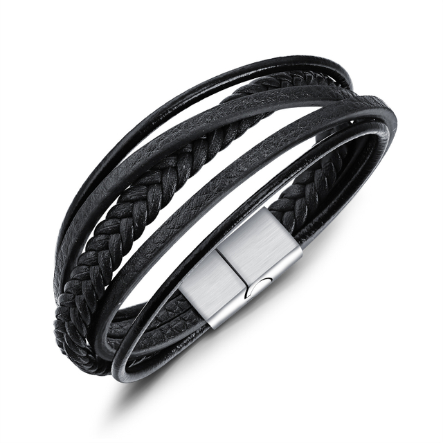 Amazon Hot Selling Item Handwoven Multilayer Stainless Steel Men′s Leather Bracelet Ethnic Style Bracelet