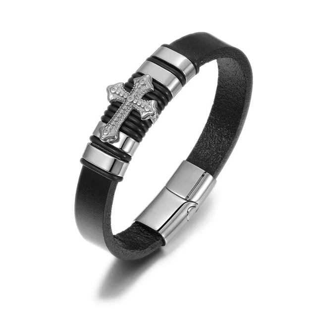Fashion Jewelry Simple DIY Lettering 316L Stainless Steel Hollow Cross Leather Magnetic Bracelet for Men