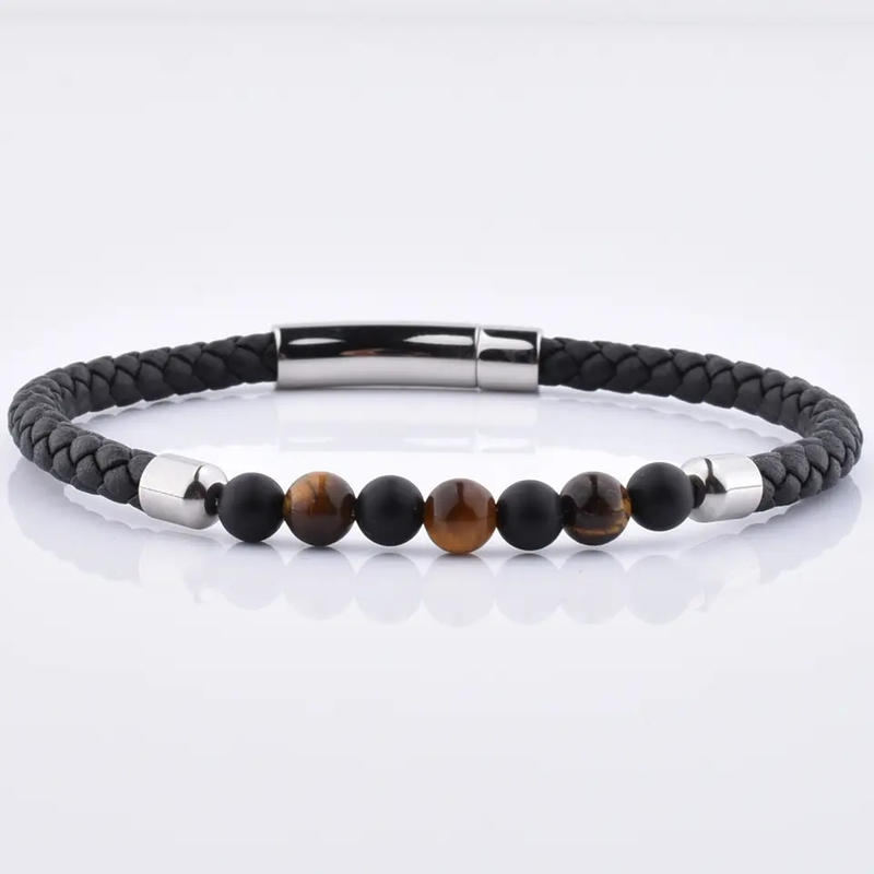Men 6mm Lava Natural Gemstone Bead Stainless Steel Clasp Black Leather Bracelet