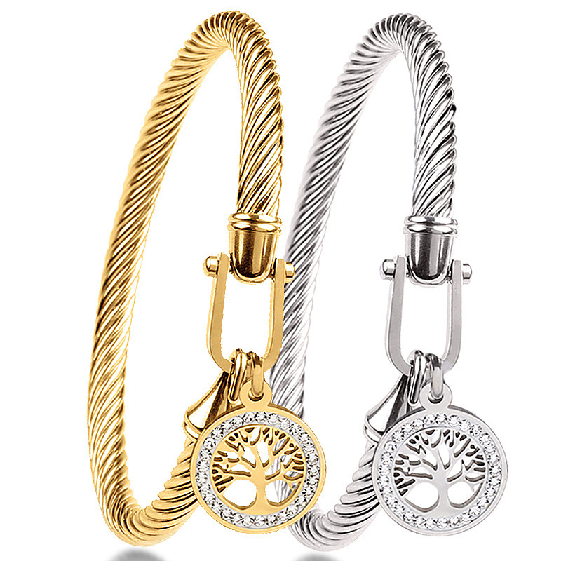Custom Logo Cable Twisted Stainless Steel Bracelet with Diamond-Encrusted Tree of Life Pendant for Man and Women