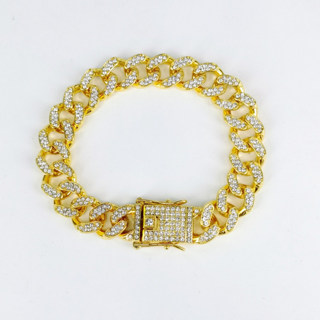 Hip Hop Bling Iced out Men′s Rapper Necklace Full Rhinestone Miami Cuban Link Chain Bracelet for Men Jewelry