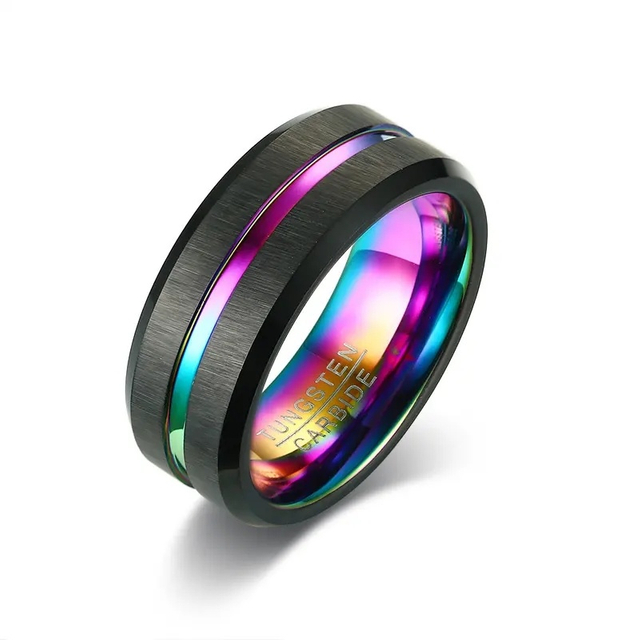 8 mm Brushed Bevel Edge Rings Gold Blue Sapphire Plating Tungsten Ring with Rainbow Grooved Line Rings for Men