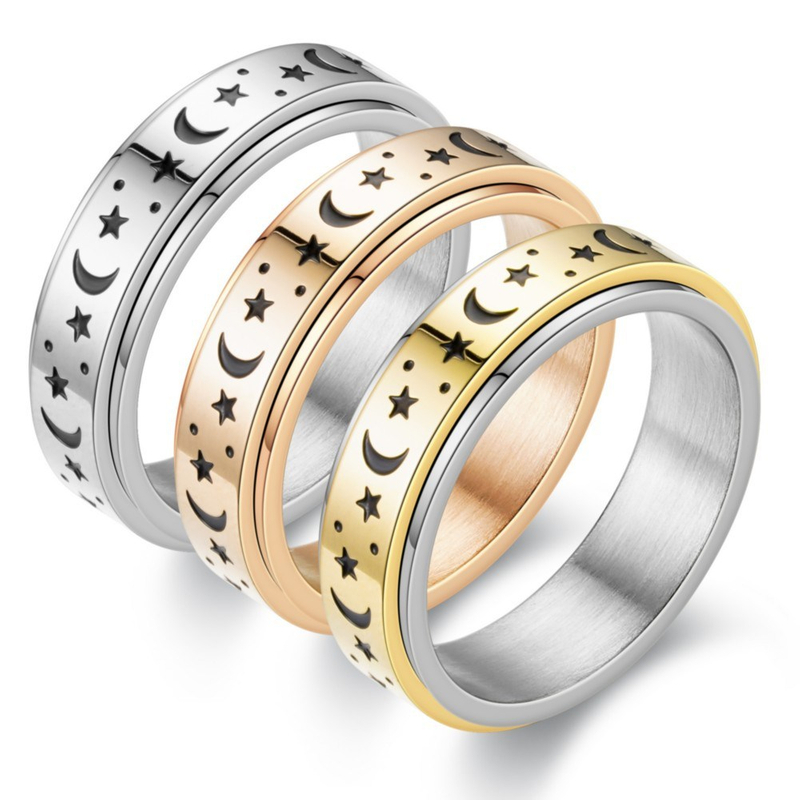 Stainless Steel Star and Moon Relax Anti Anxiety Spinning Fidget Rotating Ring