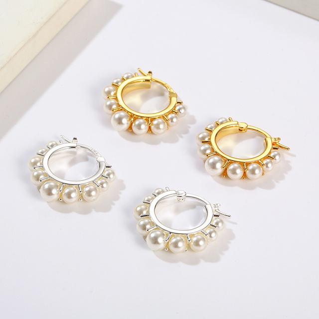 Fashion Jewelry Pearl Earrings 925 Sterling Silver Gold Plating Pearl Hoop Earring for Woman